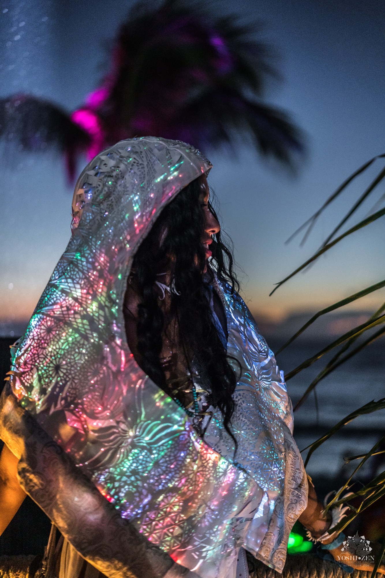 lasercut fiberoptic hood by YoshiZen mayan warrior tulum 2019 sunrise